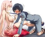  1girl all_fours assertive black_hair blue_neckwear blush breasts commentary_request covered_nipples darling_in_the_franxx dress dry_humping herozu_(xxhrd) hiro_(darling_in_the_franxx) humping leg_between_thighs long_hair medium_breasts military military_uniform necktie no_bra pink_hair sandals sideboob simple_background sock_garters uniform white_background zero_two_(darling_in_the_franxx) 