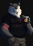  alcohol anthro beverage canine clothed clothing furrypuddingthegreat glowing glowing_eyes looking_at_viewer male mammal mature_male musclegut muscular muscular_male smile solo 