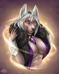  2018 5_fingers abs anthro black_nose breasts canine chinese_crested dog eyebrows eyeliner female fur hair hettie jewelry looking_at_viewer makeup mammal necklace pink_fur pink_skin scarf smile solo white_fur white_hair yellow_eyes 