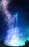  amatsuki_rei bird cloud fisheye flying highres milky_way night night_sky no_humans original outdoors scenery sky star_(sky) starry_sky tree 