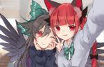  :3 alternate_costume animal_ears bangs black_bow black_hair black_wings blunt_bangs bow bowtie braid cardigan cat_ears closed_mouth extra_ears feathered_wings green_bow green_neckwear hair_between_eyes hair_bow head_rest kaenbyou_rin long_hair long_sleeves looking_at_viewer multiple_girls one_eye_closed open_mouth pointy_ears reaching_out red_eyes red_hair reiuji_utsuho self_shot smile touhou toutenkou upper_body w wings 