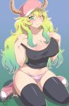  1girl baseball_cap black_legwear blonde_hair blue_background blush breasts cleavage closed_mouth collarbone danmakuman dragon_horns erect_nipples eyebrows_visible_through_hair gradient gradient_background gradient_hair green_eyes green_hair hat horns kneeling kobayashi-san_chi_no_maidragon large_breasts long_hair looking_at_viewer multicolored_hair one_eye_closed panties pink_panties quetzalcoatl_(maidragon) shoes smile sneakers solo tank_top thighhighs underwear 