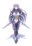  android armor bangs bodysuit breasts circlet closed_mouth commentary_request contrapposto cyborg dual_wielding eyebrows_visible_through_hair fateline_alpha full_body glowing grey_hair holding holding_knife knife large_breasts long_hair looking_at_viewer original purple_eyes shadow solo standing walking 