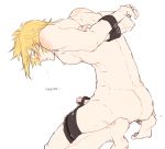  1boy ass barefoot blonde_hair blush drooling erection final_fantasy_xv kneeling leather nude penis prompto_argentum restrained saliva solo 