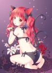  :3 absurdres animal_ears ass bangs bare_shoulders barefoot bell bikini black_bikini black_bow blunt_bangs bow cat_ears cat_tail extra_ears eyebrows_visible_through_hair flower from_behind full_body hair_bow highres jingle_bell kaenbyou_rin kneeling long_hair looking_at_viewer mimi_(mimi_puru) multicolored multicolored_eyes multiple_tails orange_eyes paw_pose pointy_ears red_eyes red_flower red_hair smile solo sparkle swimsuit tail tail_raised tongue tongue_out touhou two_tails wavy_hair white_flower 