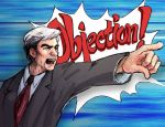  blue_background blue_shirt crossover dress_shirt english formal grey_hair gyakuten_saiban jack_mccoy law_&amp;_order long_sleeves necktie objection old_man open_mouth parody pointing red_neckwear shirt short_hair simple_background speech_bubble suit suit_jacket upper_body upper_teeth 