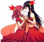  arabian_clothes arm_around_waist armlet bangs black_hair bridal_gauntlets commentary_request crop_top eye_contact face-to-face feathers hair_feathers highres holding_hands incest inferno_phoenix jewelry kurosawa_dia kurosawa_ruby long_hair looking_at_another love_live! love_live!_sunshine!! multiple_girls nanotsuki necklace red_eyes red_hair sash short_sleeves siblings simple_background sisters sleeveless two_side_up white_background yuri 