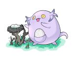  alternate_color chansey commentary creature egg excarabu fangs flower full_body gen_1_pokemon grass nest no_humans outdoors outstretched_arms pokemon pokemon_(creature) purple_skin reaching simple_background solo standing tongue tongue_out white_background yellow_eyes 
