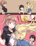  2koma 3girls banana_peel black_hair blonde_hair blue_eyes blush breast_grab breast_smother breasts brown_eyes brown_hair comic commentary_request folded_ponytail gambier_bay_(kantai_collection) grabbing hakama intrepid_(kantai_collection) japanese_clothes kabocha_torute kantai_collection kasuga_maru_(kantai_collection) large_breasts long_hair medium_breasts multiple_girls neck_pillow open_mouth ponytail red_hakama short_hair short_sleeves solid_oval_eyes taiyou_(kantai_collection) translated twintails upper_body wavy_mouth x_x 