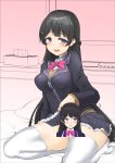 :d absurdres bangs black_hair black_jacket black_skirt blazer blue_eyes blush bow bowtie braid breasts censored character_censor collared_shirt commentary_request eyebrows_visible_through_hair groin hair_ornament hairclip highres jacket large_breasts lifted_by_self long_hair long_sleeves momio nijisanji no_shoes novelty_censor on_bed open_mouth pillow pink_neckwear plaid plaid_skirt seiza shirt sitting skirt skirt_lift smile solo thighhighs tissue_box tsukino_mito very_long_hair virtual_youtuber white_legwear white_shirt 
