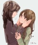  :t brown_eyes brown_hair brown_shirt cheek_press from_side green_shirt grey_background long_hair long_sleeves looking_at_another multiple_girls original shirt smile sou_(tuhut) translation_request upper_body yuri 
