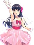  :o angel_wings arm_up armpits bangs black_hair blunt_bangs bow clenched_hand commentary_request dress facial_mark flower galaxy_hide_and_seek gloves green_eyes hair_bow hair_flower hair_ornament heart highres kurosawa_dia long_hair love_live! love_live!_sunshine!! mole mole_under_mouth nanotsuki pink_bow pink_dress red_bow sash simple_background solo strapless strapless_dress white_background white_gloves white_wings wings 