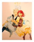  1boy 1girl akagami_no_shirayukihime belt blonde_hair blue_eyes boots cape couple dress earrings green_eyes hand_holding prince red_hair shirayuki_(akagami_no_shirayukihime) watercolor zen_wistalia 