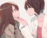  brown_eyes brown_hair collarbone grey_background hand_on_another's_chin long_hair long_sleeves looking_at_viewer multiple_girls open_clothes original short_hair smile sou_(tuhut) upper_body yuri 