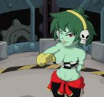  animana21 breasts cleavage clothed clothing female flashing gloves green_hair green_skin hair headphones looking_at_viewer midriff nipples not_furry red_eyes rottytops shantae shantae_(series) teasing tube_top undead video_games wink zombie 