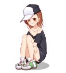  :3 absurdres bare_legs black_shirt blush bottomless brown_eyes brown_hair commentary_request cosplay full_body hat highres keng_youlei knees_up last_order leg_hug looking_at_viewer misaka_mikoto misaka_mikoto_(cosplay) off_shoulder oversized_clothes oversized_shirt shirt shirt_pull shoes short_hair simple_background sitting smile sneakers solo to_aru_kagaku_no_railgun_s to_aru_majutsu_no_index white_background 