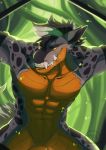  abs anthro crocodile crocodilian fangs featureless_crotch fur furrypuddingthegreat hair hybrid looking_at_viewer male muscular muscular_male nude reptile scalie smile solo teeth 