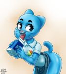  alshishou_(artist) anthro bent_over blue_fur butt cartoon_network cat clothed clothing collared_shirt feline female fur licking looking_over mammal mature_female nicole_watterson no_underwear open_mouth raised_skirt skirt the_amazing_world_of_gumball tongue tongue_out 