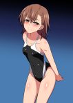  bangs bare_arms bare_shoulders black_swimsuit blue_background blush body_blush breasts brown_eyes brown_hair closed_mouth collarbone competition_swimsuit covered_navel cowboy_shot eyebrows_visible_through_hair gradient gradient_background hair_ornament hairclip half-closed_eyes leaning_forward looking_at_viewer marupuni misaka_mikoto one-piece_swimsuit shiny shiny_clothes shiny_skin short_hair skin_tight small_breasts smile solo standing swimsuit thighs to_aru_kagaku_no_railgun to_aru_majutsu_no_index water_drop wet 