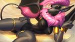  2017 5_fingers anthro biped black_claws black_fur black_lips black_nipples black_nose black_pussy black_tongue black_wings blep bracelet breasts canine claws digital_drawing_(artwork) digital_media_(artwork) ear_piercing egyptian eyebrow_piercing eyelashes facial_piercing female fox front_view fur hair jewelry looking_at_viewer lying lymara mammal membranous_wings mr._mist_(artist) navel neck_tuft nipples nude one_eye_closed piercing pink_eyes pink_fur pink_hair pink_sclera pussy sand skinny small_waist smile solo tail_tuft tongue tongue_out tuft wings wink 