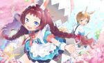  1girl :d :o animal_ears bangs black_choker blue_dress blue_eyes blue_sky blush bow braid brown_hair bunny_ears choker cloud commentary confetti day dress easter easter_egg egg eggshell frilled_choker frills green_eyes hair_bow highres kouhara_yuyu light_brown_hair long_hair looking_at_viewer low_twintails open_mouth original outdoors outstretched_arms puffy_short_sleeves puffy_sleeves red_bow shirt short_sleeves sidelocks sky smile spread_arms suspenders twin_braids twintails very_long_hair white_shirt wrist_cuffs 