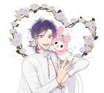  :d bad_id bad_pixiv_id blue_eyes character_name dated eighth_note flower hair_flower hair_ornament hair_tie highres ho_nyang12 looking_at_viewer male_focus mizuno_yuu musical_note my_melody onegai_my_melody open_mouth purple_hair rose sanrio_danshi smile solo sparkle thorns upper_body white_flower 