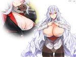  2018 azur_lane bangs black_legwear bra breasts buttons center_opening cleavage closed_mouth collared_shirt cowboy_shot crossed_bangs dated dress_shirt eyebrows eyebrows_visible_through_hair eyelashes facing_viewer graf_zeppelin_(azur_lane) hair_between_eyes kishiyo kurokawa_otogi lace large_breasts lavender_hair legs_apart long_hair long_sleeves lowleg lowleg_panties midriff official_art panties panties_under_pantyhose pantyhose pink_eyes shirt simple_background skindentation standing thighband_pantyhose tsurime underwear very_long_hair wavy_hair white_background white_bra white_panties white_shirt 