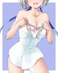  bare_shoulders bow bow_panties breasts cleavage commentary_request dr_rex emilia_hermit frilled_panties frills holding holding_panties hundred long_hair medium_breasts naked_towel open_mouth panties panties_removed silver_hair smile solo towel underwear white_bow white_panties white_towel 