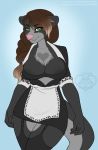  2018 5_fingers anthro big_breasts braided_hair breasts cleavage clothed clothing digital_media_(artwork) female garter_straps green_eyes hair kittydee looking_at_viewer maid_uniform mammal mustelid otter pink_nose simple_background smile solo uniform 