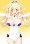  bare_shoulders blonde_hair blush breasts cleavage collar elbow_gloves eyebrows_visible_through_hair gloves iwasi-r kami_jigen_game_neptune_v large_breasts leotard long_hair neptune_(series) open_mouth orange_eyes power_symbol smile solo symbol-shaped_pupils yellow_heart 