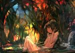  absurdres bathing black_hair breasts brown_eyes commentary_request forest from_side hat highres kaamin_(mariarose753) leaning_back nature nude open_mouth partially_submerged plant red_hat river shameimaru_aya short_hair sitting small_breasts solo tokin_hat touhou tree water waterfall wet 
