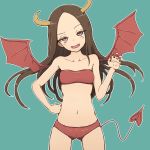  :d bandeau bangs bare_arms bare_shoulders blush breasts brown_eyes brown_hair claw_pose claws collarbone commentary demon_girl demon_horns demon_tail demon_wings fang fingernails forehead green_background groin hand_on_hip hand_up head_tilt highres horns karakai_jouzu_no_takagi-san long_fingernails nail_polish navel open_mouth panties parted_bangs red_bandeau red_nails red_panties red_wings sharp_fingernails simple_background small_breasts smile solo tail takagi-san takunama underwear wings 