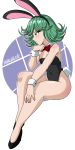  1girl animal_ears bare_shoulders blush breasts bunny_ears bunny_tail bunnysuit closed_mouth collar covered_navel curly_hair danmakuman eyebrows_visible_through_hair fake_animal_ears fake_tail full_body green_eyes green_hair high_heels legs one-punch_man profile serious short_hair sitting small_breasts solo strapless tail tatsumaki transparent_background wrist_cuffs 