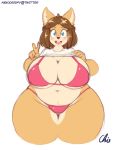 2018 anthro belly big_breasts blue_eyes breasts brown_hair canine clothed clothing dog female hair june_(jinu) looking_at_viewer mammal mature_female mother navel nekocrispy open_mouth overweight parent shiba_inu short_hair simple_background solo teeth thick_thighs tooth_gap v_sign white_background 