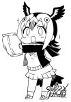  atlantic_puffin_(kemono_friends) blush bow breast_pocket chips eyebrows_visible_through_hair food greyscale holding jacket kemono_friends kneehighs lowres monochrome multicolored_hair open_mouth pleated_skirt pocket scarf signature skirt solo star sweater_vest yoshida_hideyuki 