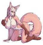  2018 5_fingers anthro areola big_breasts bra breasts brown_fur brown_nose canine cleavage clothed clothing digital_media_(artwork) female fennec fox fur gurugano hair inner_ear_fluff kneeling lingerie long_hair looking_at_viewer loyse mammal navel neck_tuft nipples nude open_mouth panties simple_background skimpy smile solo teasing tongue tuft underwear yellow_eyes 