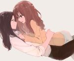  blush brown_hair face-to-face from_side hug long_sleeves looking_at_another multiple_girls open_mouth orange_shirt original shirt sleeves_rolled_up sou_(tuhut) sweat tan_background white_shirt yuri 