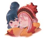  ^_^ beanie closed_eyes commentary d: hair_bun hat kagamihara_nadeshiko multiple_girls open_mouth pink_hair portrait scarf shared_scarf shima_rin yoo_(tabi_no_shiori) yuri yurucamp 