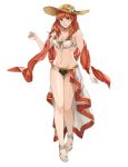  bikini breasts celica_(fire_emblem) cleavage commentary english_commentary fire_emblem fire_emblem_echoes:_mou_hitori_no_eiyuuou fire_emblem_heroes flower front-tie_bikini front-tie_top full_body hat hat_flower highres jewelry kamu_(kamuuei) looking_at_viewer medium_breasts medium_hair navel red_hair sandals shawl simple_background smile solo straw_hat swimsuit toes white_background 