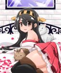  :3 =_= animal bangs bare_shoulders bed bed_sheet black_hair black_legwear brown_eyes cat detached_sleeves eyebrows eyebrows_visible_through_hair hair_between_eyes hairband haruna_(kantai_collection) highres kantai_collection long_hair long_sleeves looking_at_viewer lying miniskirt on_bed on_side open_mouth over-kneehighs petals pleated_skirt red_skirt rikuo_(whace) shiny shiny_hair skirt solo straight_hair thighhighs zettai_ryouiki 