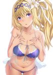  aori_sora bangs bikini blonde_hair blush breasts collarbone commentary diadem eyebrows_visible_through_hair flower granblue_fantasy hair_between_eyes hair_flower hair_intakes hair_ornament hair_ribbon hands_on_own_chest highres hips jeanne_d'arc_(granblue_fantasy) large_breasts lily_(flower) long_hair looking_at_viewer navel open_mouth ponytail purple_bikini purple_eyes ribbon simple_background solo swimsuit thighs white_background 