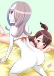  ass bed blush bottomless bra breasts brown_eyes brown_hair kagari_atsuko kamirenjaku_sanpei little_witch_academia looking_at_viewer looking_back medium_breasts multiple_girls no_panties red_bra red_eyes sharp_teeth smile sucy_manbavaran teeth underwear 