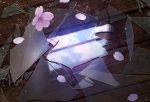  broken_glass cherry_blossoms commentary_request depth_of_field flower glass mocha_(cotton) no_humans original petals reflection scenery signature spring_(season) window 