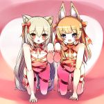  all_fours animal_ears arm_up arzeith-tau blush breasts brown_hair cat_ears cleavage commentary_request flat_chest fox_ears hair_ornament hairclip heart heart-shaped_pupils highres kemomimi_oukoku_kokuei_housou long_hair mikoko_(kemomimi_oukoku_kokuei_housou) multiple_girls naked_ribbon navel nora_cat nora_cat_channel nude open_mouth paw_pose red_eyes ribbon smile symbol-shaped_pupils twintails virtual_youtuber 
