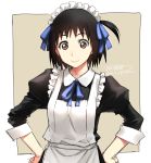  apron arashiyama_hotori artist_name black_hair blue_neckwear blue_ribbon brown_eyes dated hair_ribbon hands_on_hips highres juliet_sleeves long_sleeves maid maid_apron maid_headdress neck_ribbon one_side_up puffy_sleeves ribbon signature sleeves_pushed_up smile solo soredemo_machi_wa_mawatteiru tachibana_roku tan_background 