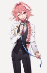  androgynous astolfo_(fate) belt black_pants black_vest braid collared_shirt contrapposto cowboy_shot eyebrows_visible_through_hair fate/grand_order fate_(series) flower grey_shirt hair_between_eyes hair_ribbon hand_up head_tilt heart highres holding holding_flower jacket long_hair long_sleeves looking_at_viewer male_focus necktie one_eye_closed pants pink_eyes pink_hair pink_neckwear red_flower ribbon shirt single_braid smile solo standing tenobe tress_ribbon vest white_jacket wing_collar 