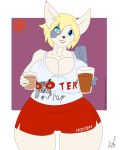  alcohol beer beverage big_breasts blue_eyes breasts canine cleavage clothed clothing cybernetics female fur glass hooters jmfmagnum lipstick machine makeup mammal robot_arm shirt shorts smile tank_top thick_thighs white_fur wide_hips wolf 