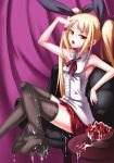 absurdres armpits artist_request black_legwear blazblue blonde_hair bowl cream curtains feet flat_chest food frills fruit hair_ribbon highres long_hair non-web_source official_art rachel_alucard red_eyes ribbon sexually_suggestive skirt solo strawberry suggestive_fluid table thighhighs toes tongue twintails 
