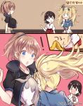  2koma 3girls :d banana_peel black_hair blonde_hair blue_eyes blush breast_pocket breast_smother breasts brown_eyes brown_hair comic commentary_request folded_ponytail gambier_bay_(kantai_collection) gloves hair_between_eyes hakama intrepid_(kantai_collection) japanese_clothes kabocha_torute kantai_collection kasuga_maru_(kantai_collection) large_breasts long_hair multiple_girls neck_pillow open_mouth partly_fingerless_gloves pocket ponytail red_hakama short_hair short_sleeves smile solid_oval_eyes taiyou_(kantai_collection) translated twintails upper_body wavy_mouth white_gloves x_x yugake 