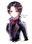  bangs black_jacket brown_hair closed_mouth earrings highres ikeuchi_tanuma jacket jewelry kashuu_kiyomitsu long_sleeves looking_at_viewer male_focus mole mole_under_mouth open_clothes open_jacket parted_bangs purple_vest red_eyes red_scarf scarf simple_background smile solo touken_ranbu twitter_username upper_body vest white_background 